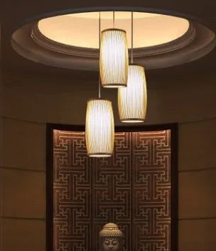 Southeast Asian woven bamboo plait lamp with natural finish for hall and staircase decoration