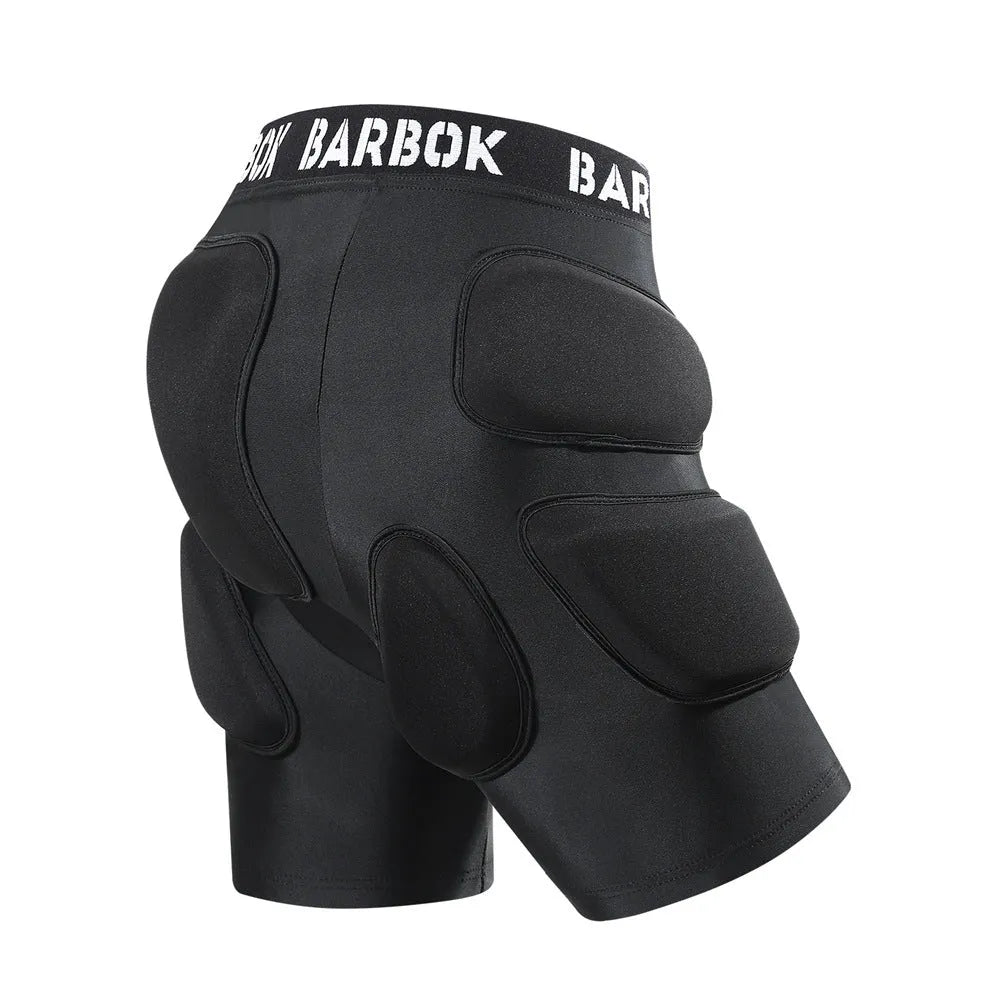 Black spandex hip protection pad with protective foam for skating and skiing.