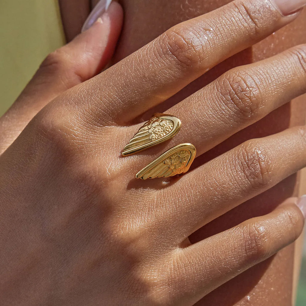 Stainless steel wings motif ring with an open gap design on a plain background