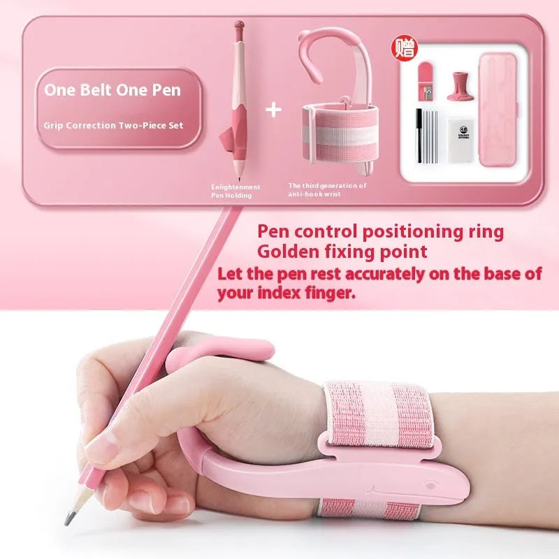 Blue anti-hook wrist brace pen corrector for children's handwriting posture on a desk.