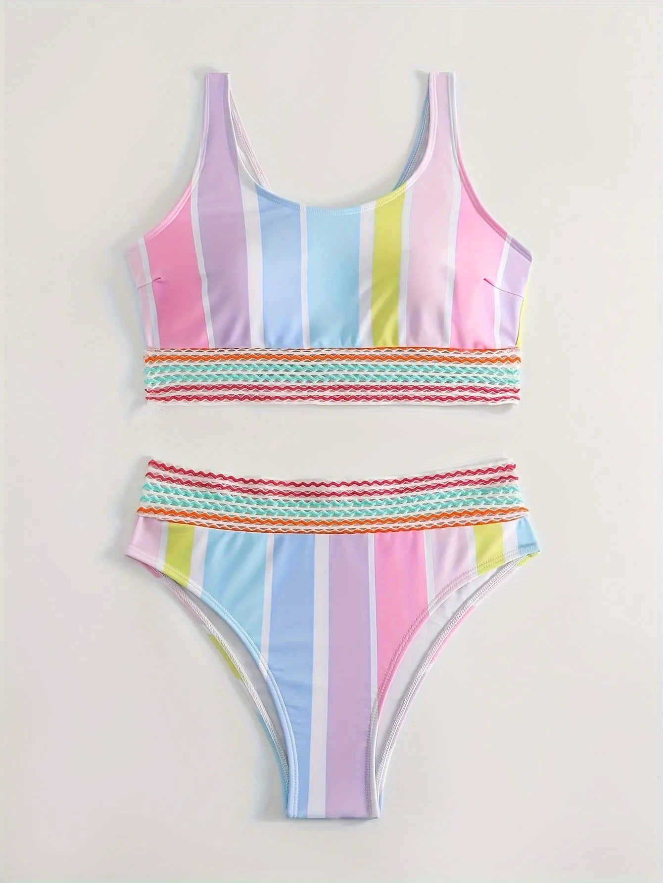 Women's striped sports bikini set with briefs bottom, shown in picture colour.