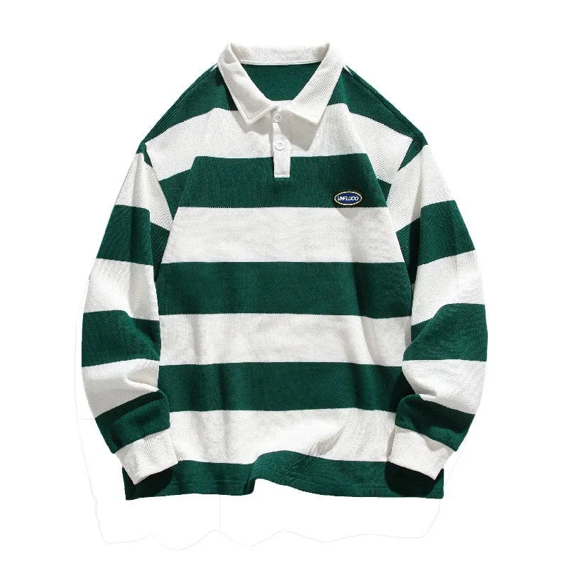 Man's striped polo shirt with lapel collar in loose fit, shown in sapphire blue colour.