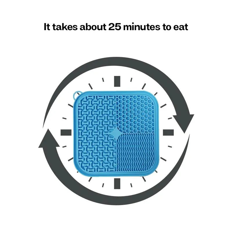 Blue silicone dog licking mat with suction cups on back, textured surface for slow feeding