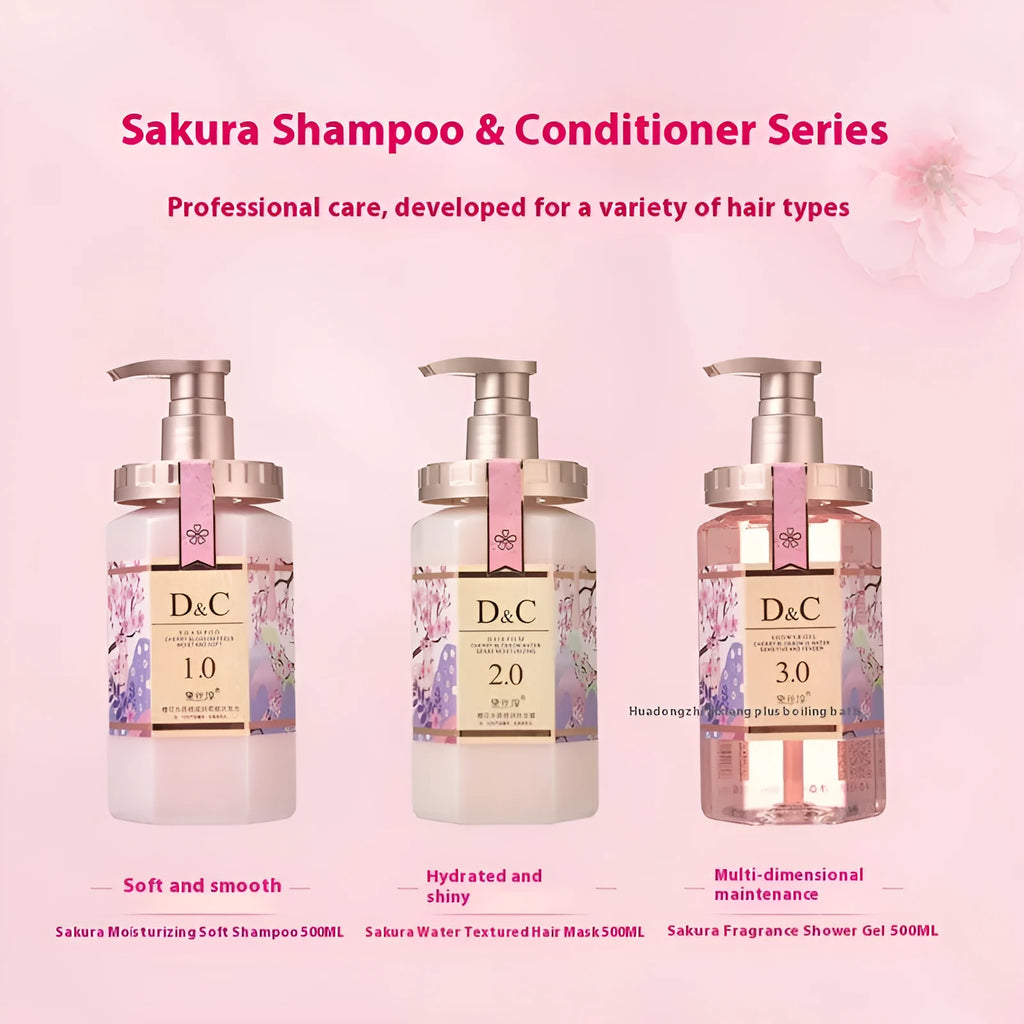 Sakura shampoo, hair mask and shower gel trio set in 500ml bottles with cherry blossom design