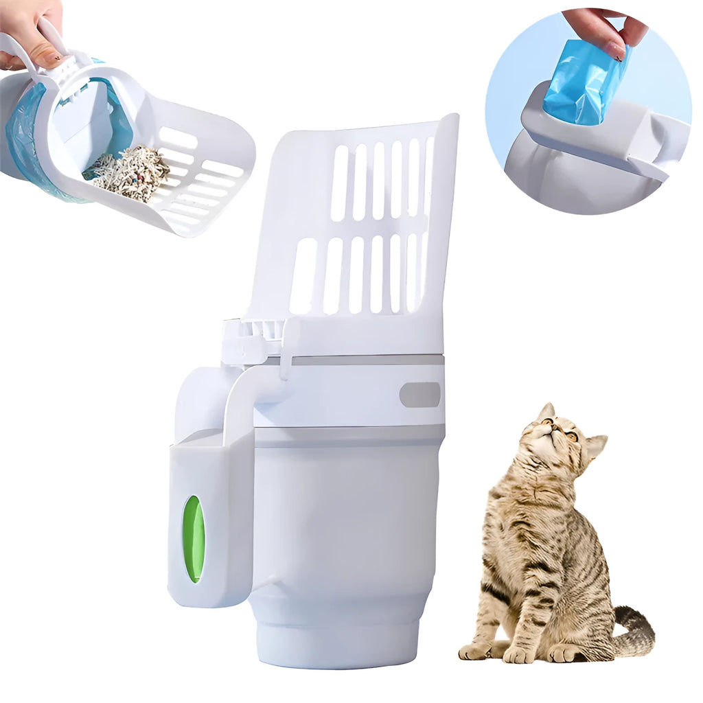 Grey foldable cat litter scoop with integrated waste bin and refill bags