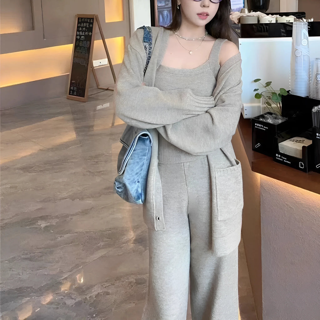 Women's cardigan suspender pants three-piece set in loose Japanese Korean casual style