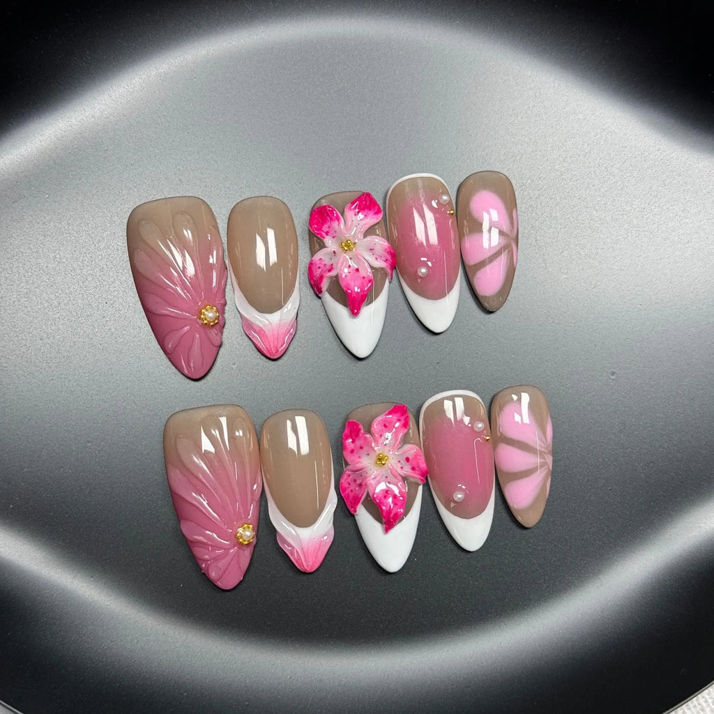 French style plastic manicure practice armour with 3D lily and ice flower design in almond shape.