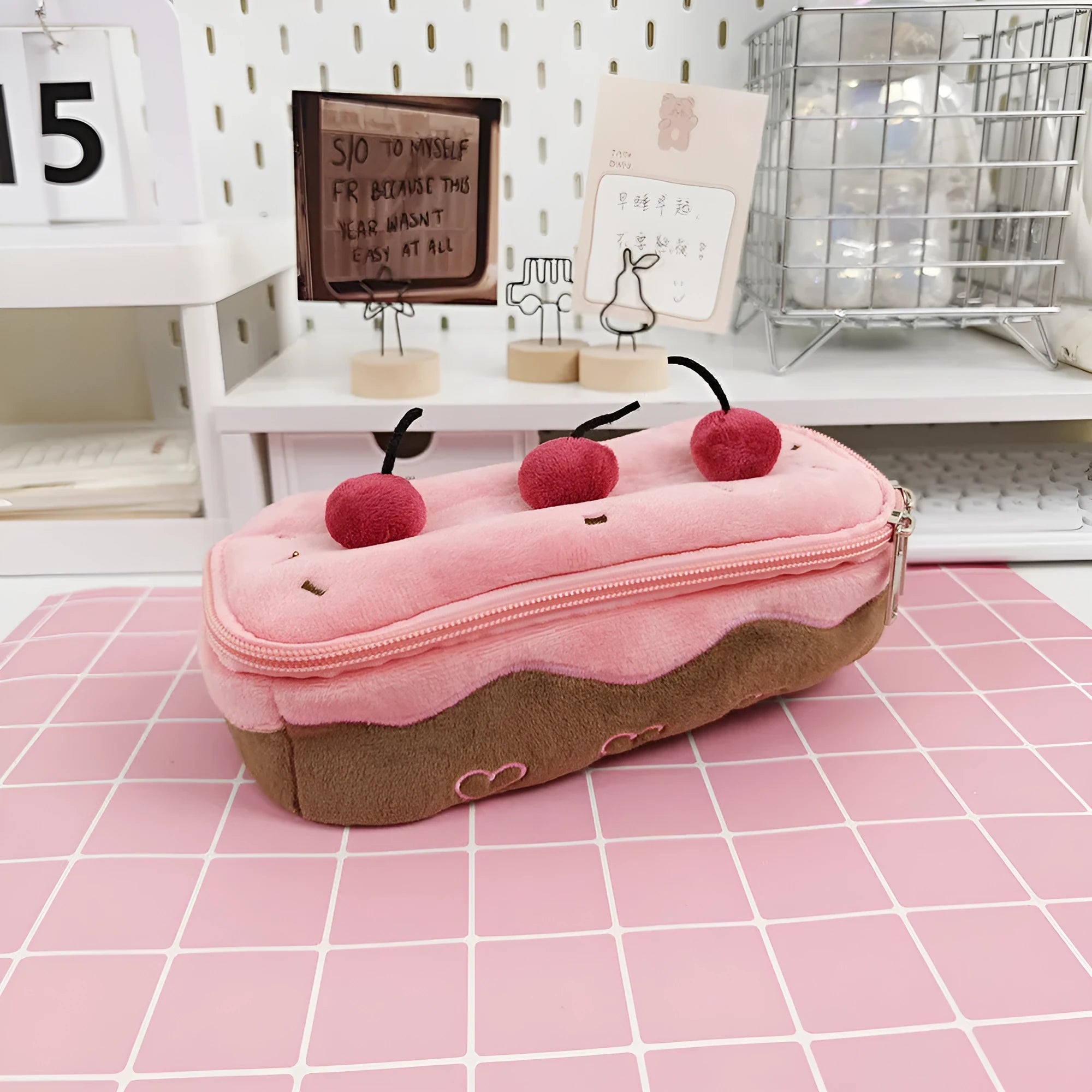 Cherry cake plush design velvet pencil bag in Korean style