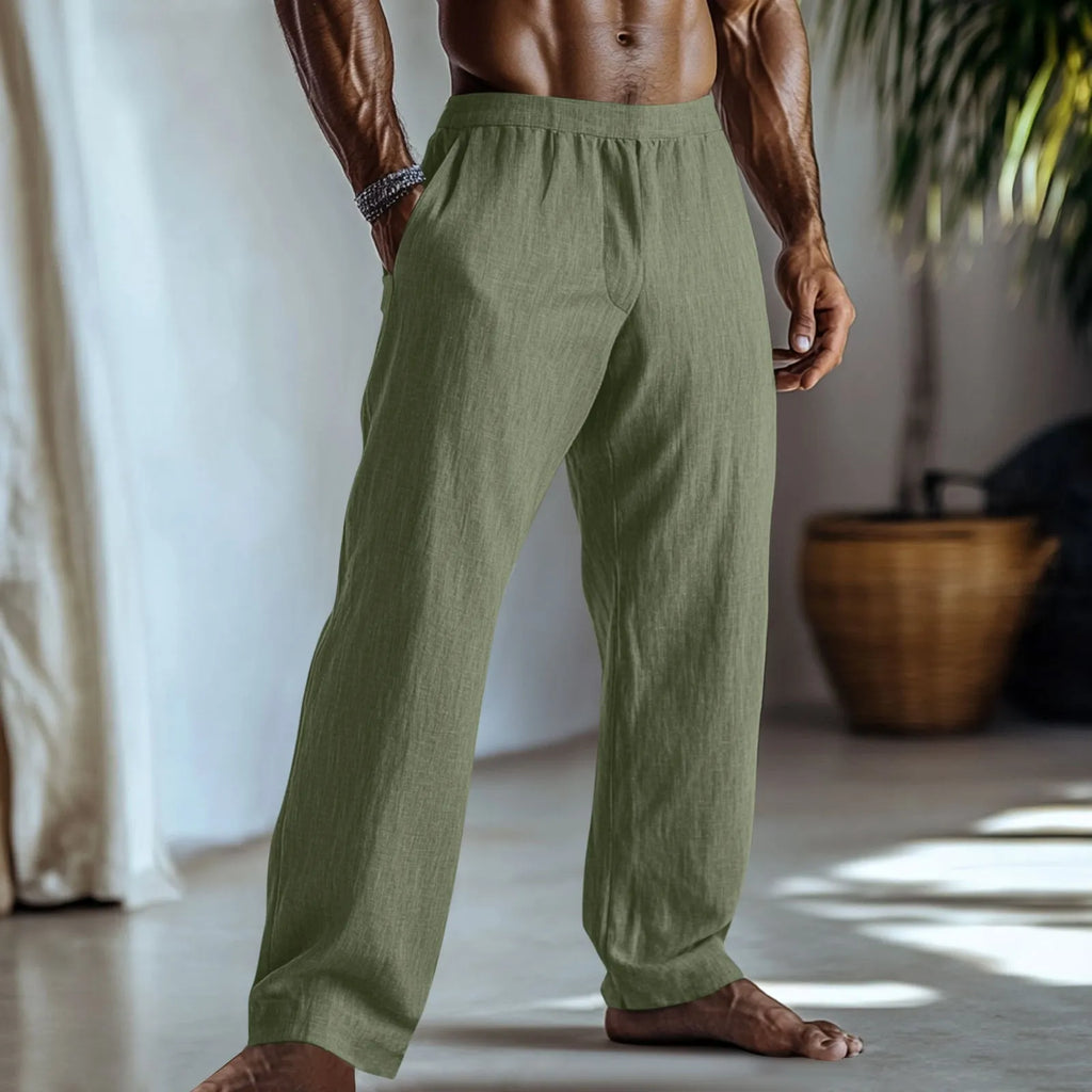 Cotton and linen straight-leg casual trousers with front pockets in light green colour