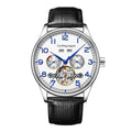 Men's stainless steel mechanical business watch with sapphire crystal glass and transparent case back