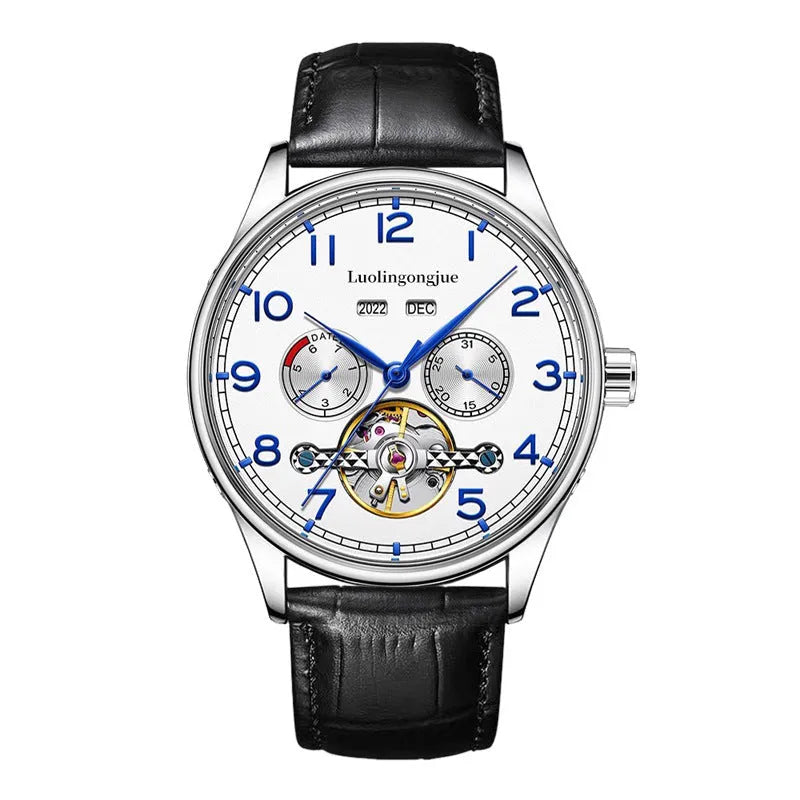 Men's stainless steel mechanical business watch with sapphire crystal glass and transparent case back