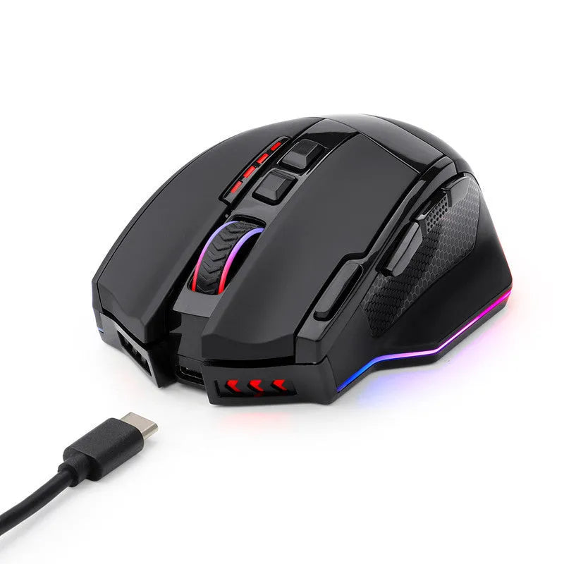 Black Redragon M801P wireless dual-mode gaming mouse with multiple side buttons on a grey surface.