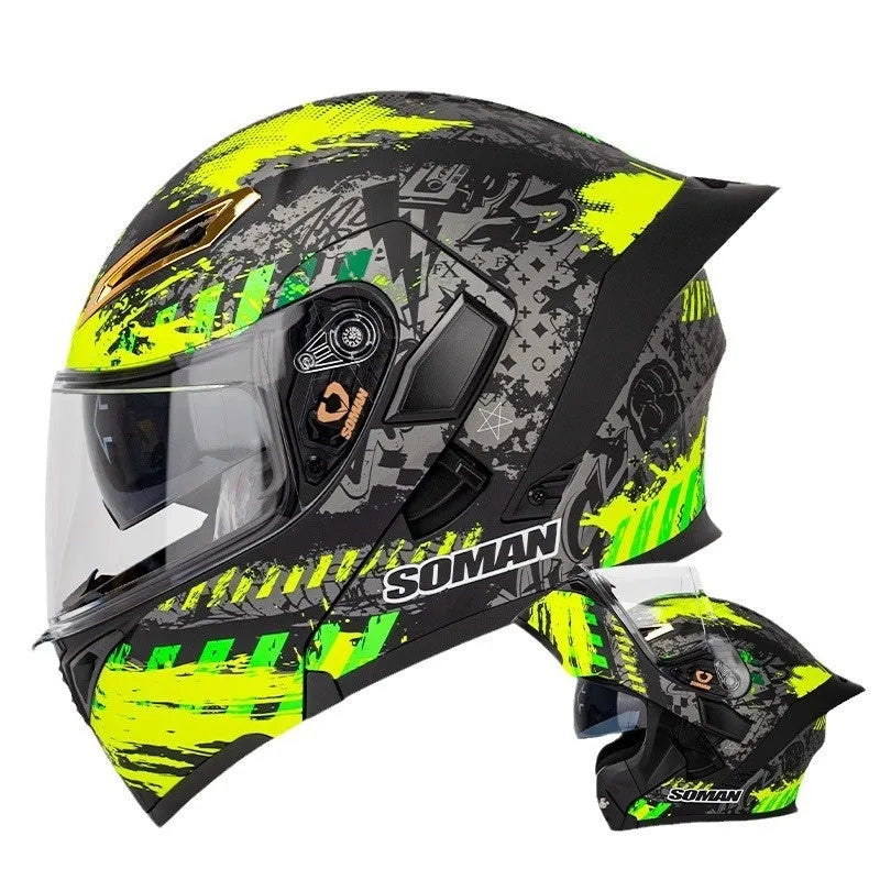 Double lens exposed motorcycle helmet in bright black and green lines with sun visor