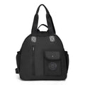 Large capacity nylon backpack in black colour showing sandwich pocket and dimensions