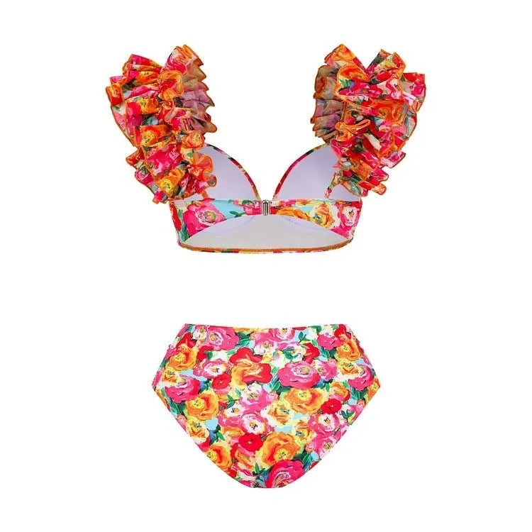 Women's high-waisted floral push-up bikini set with matching swim skirt