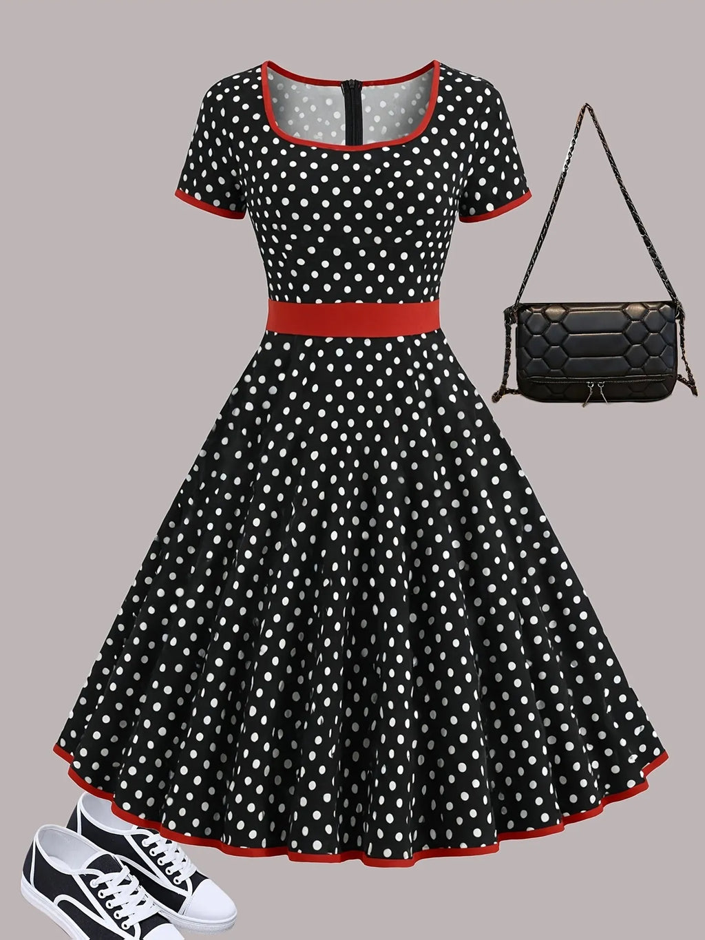 Square collar polka dot dress with pleated skirt and zip front closure in multicolour pattern