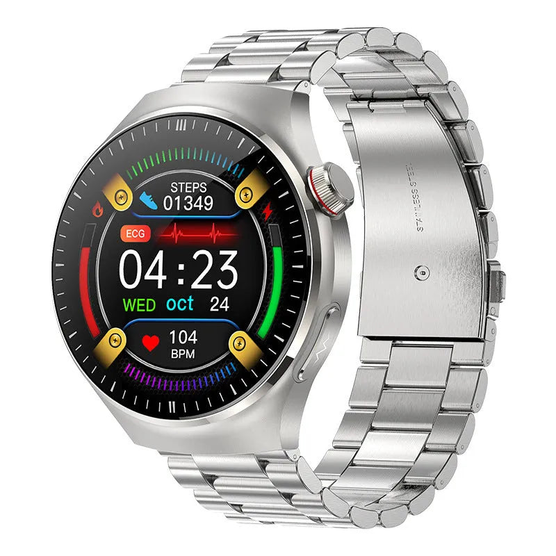 Bluetooth calling smart watch with AMOLED screen and black steel strap showing health monitoring features
