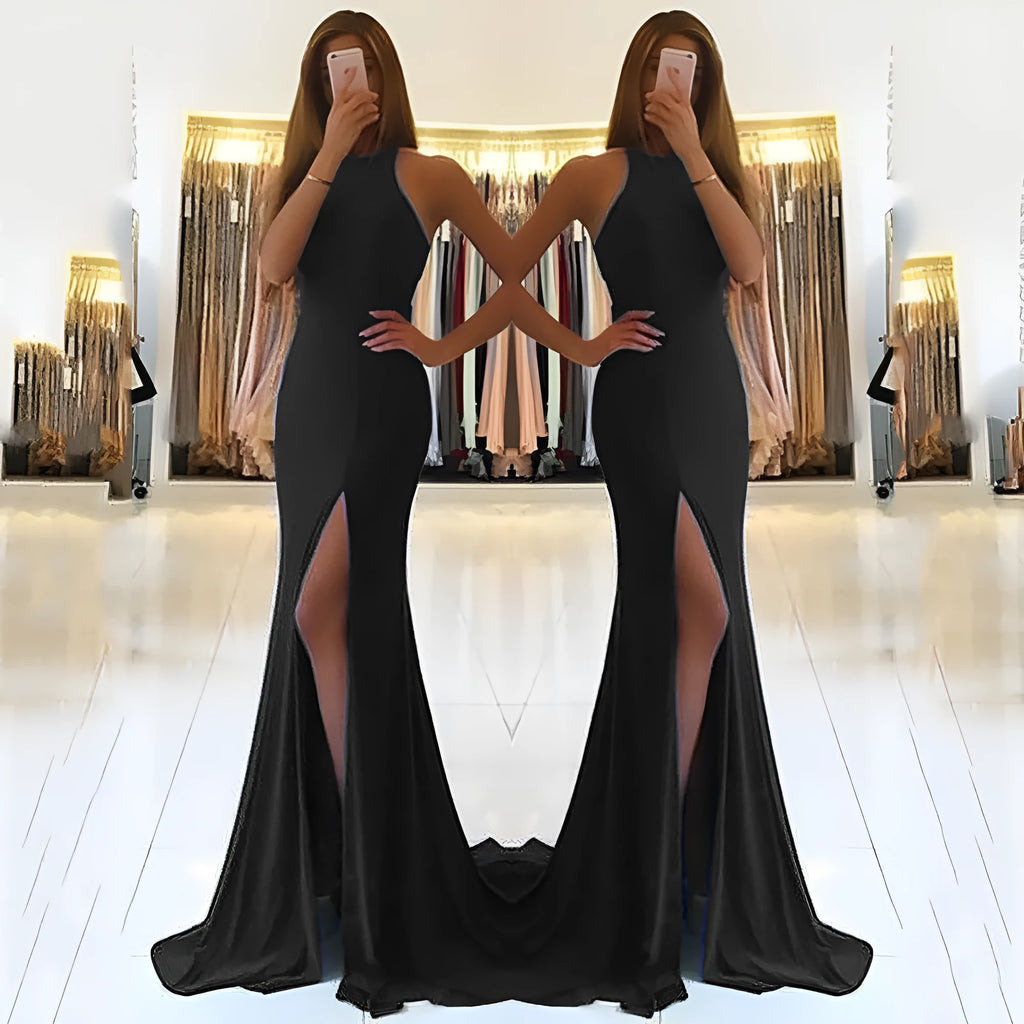 Long red knitted evening dress with hollow design details and high waist