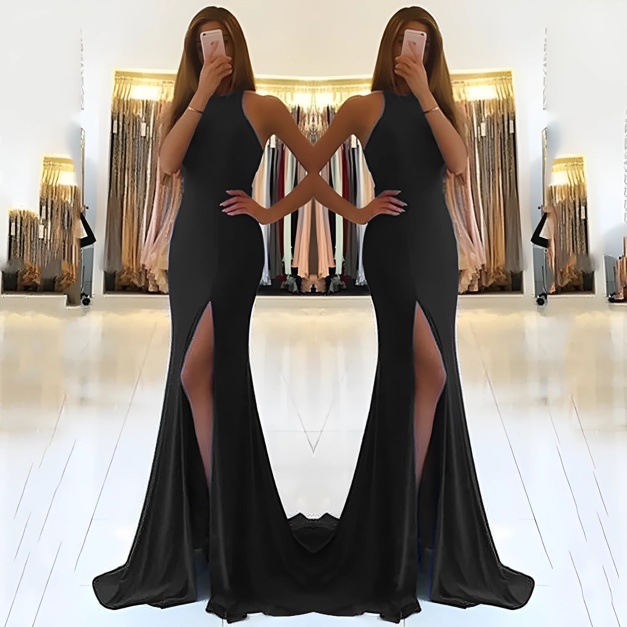 Long red knitted evening dress with hollow design details and high waist