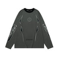 Grey cotton drop shoulder sweatshirt with letter print and long sleeves on a hanger.