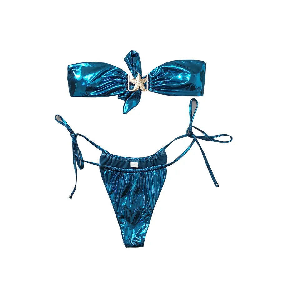 Women's glossy tube top bikini set in sapphire blue with gold starfish detailing