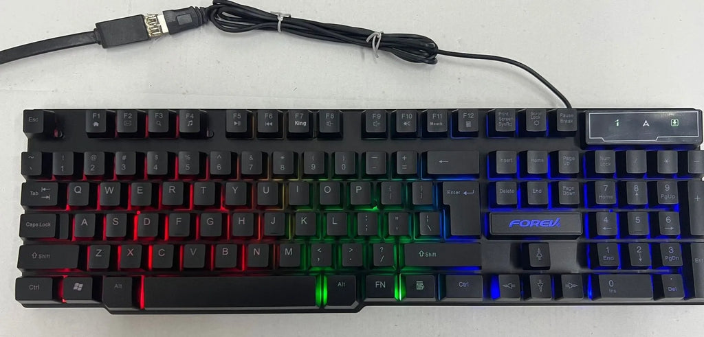 Wired keyboard with six-colour backlit luminous characters on black ABS frame, full-size layout with numeric keypad