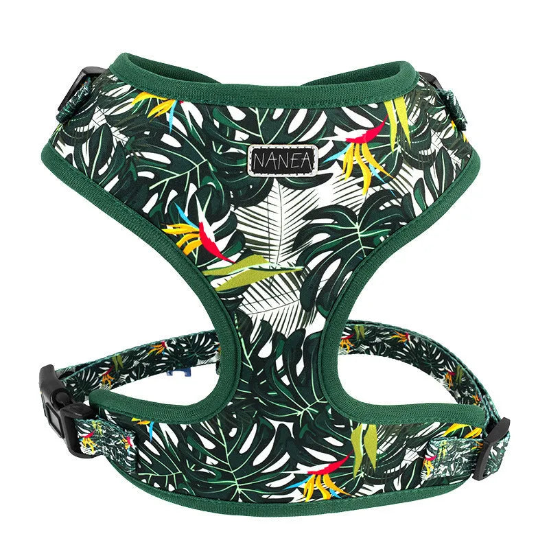 Adjustable cloth pet harness vest with haulage rope, collar, bow tie, triangular scarf, and waste bag in six-piece set