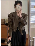 Brown women's retro slim-fit leather-style jacket with regular sleeves and pockets