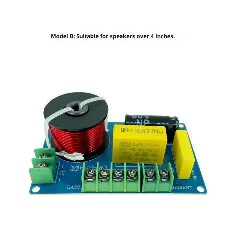 PUV-W3 three-way bookshelf speaker crossover circuit board measuring 100mm by 65mm