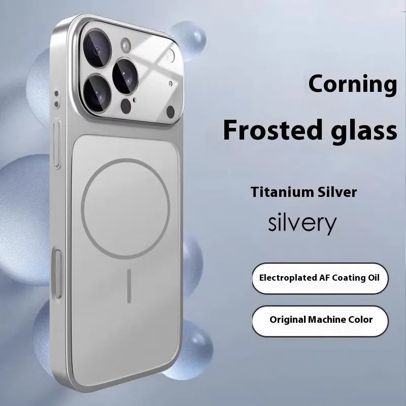 Frosted tempered glass magnetic iPhone case in titanium grey colour showing textured surface.