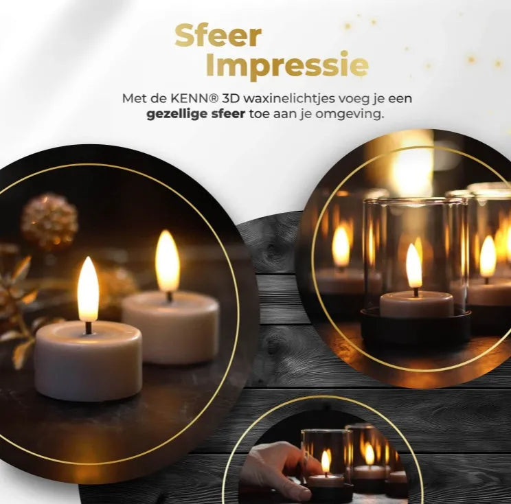 Four taupe coloured S10 LED tealight candles with a realistic 3D flame effect, showing scale.