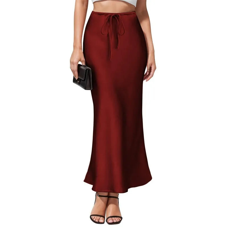 Women's high waist asymmetric acetate satin skirt with irregular hemline stitching in milky white colour