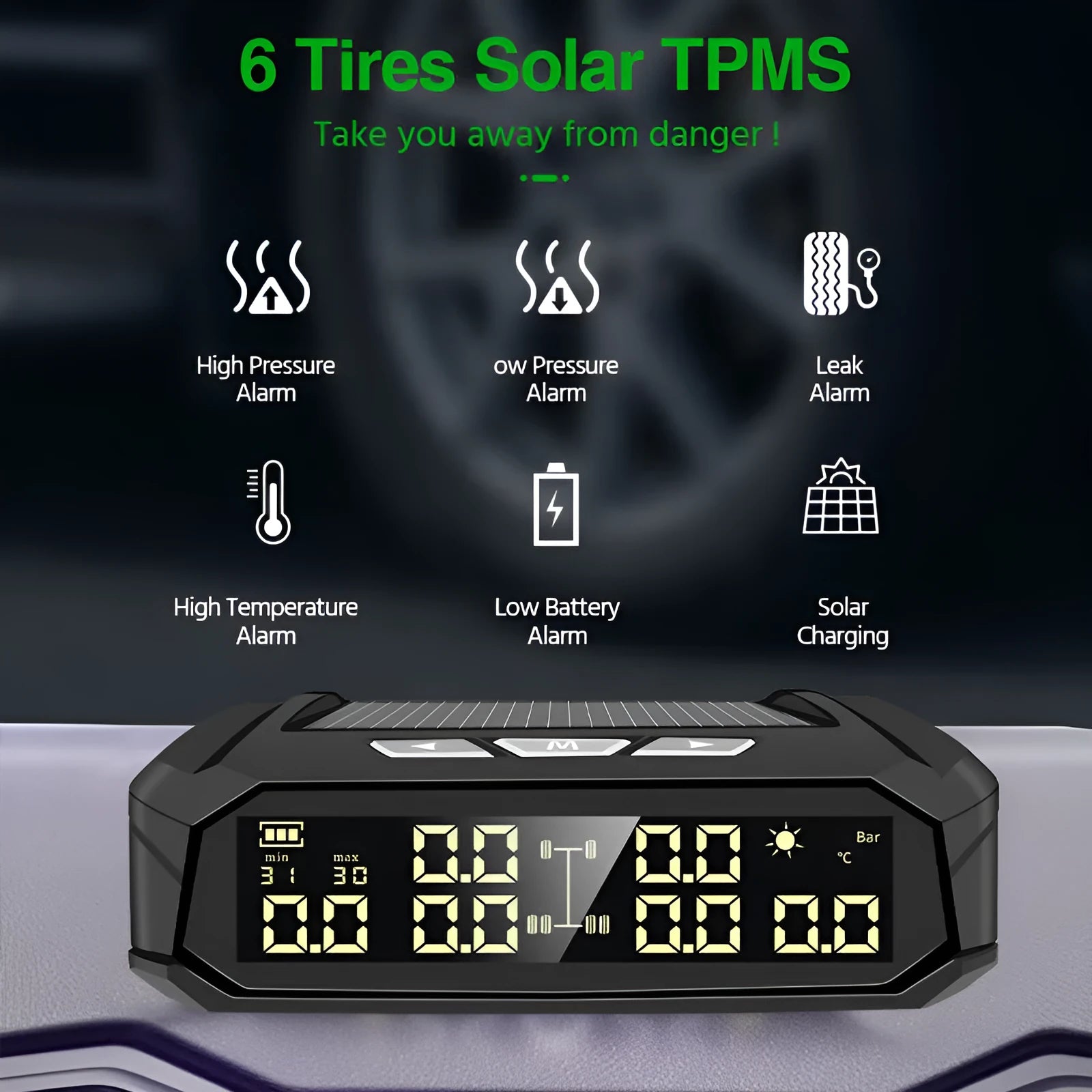 Solar-powered external tyre pressure monitor display unit for six-wheel trucks and RVs