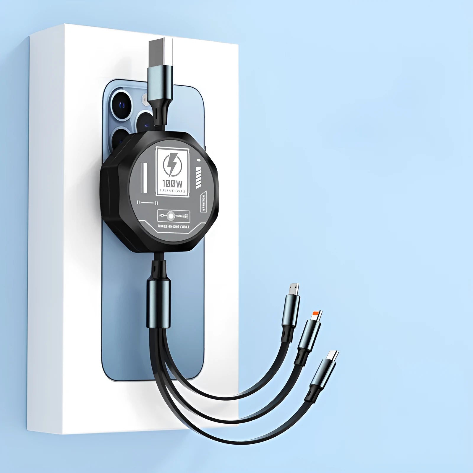 Telescopic three-in-one fast charge data cable 1.2m in black with Type-C, Apple Lightning, and MICRO interfaces