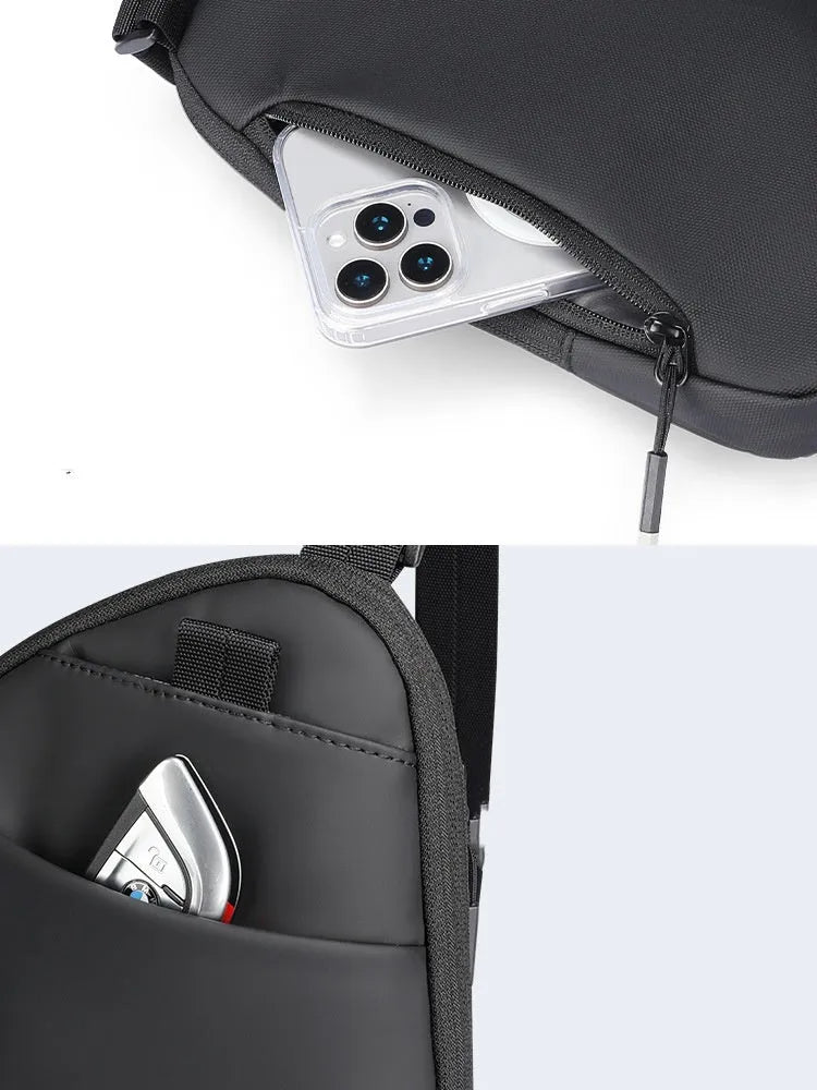 Men's black Oxford cloth crossbody bag with reinforced sewing thread construction