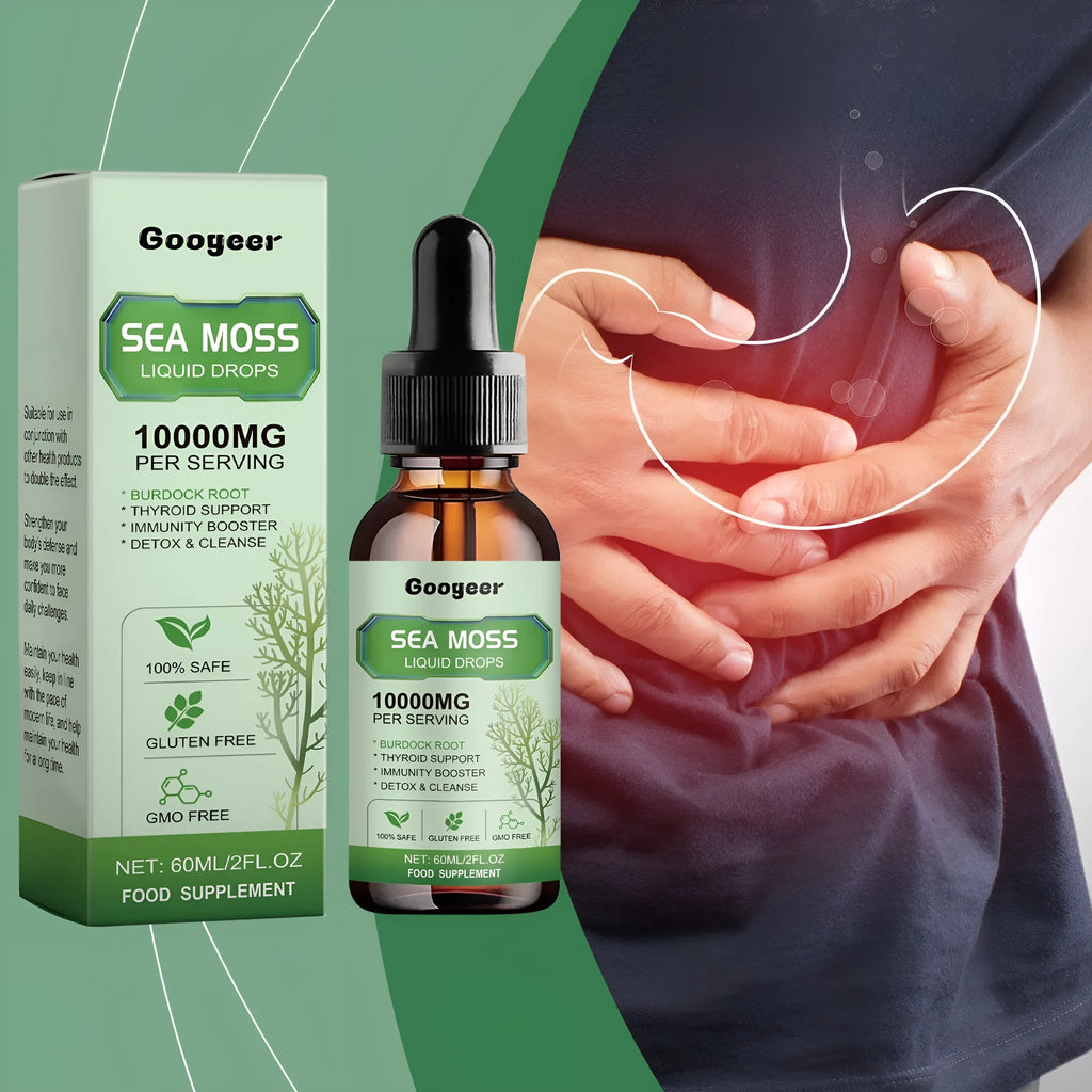 60ml bottle of Googeer Sea Moss Liquid Drops body treatment measuring 3.3x3.3x12cm