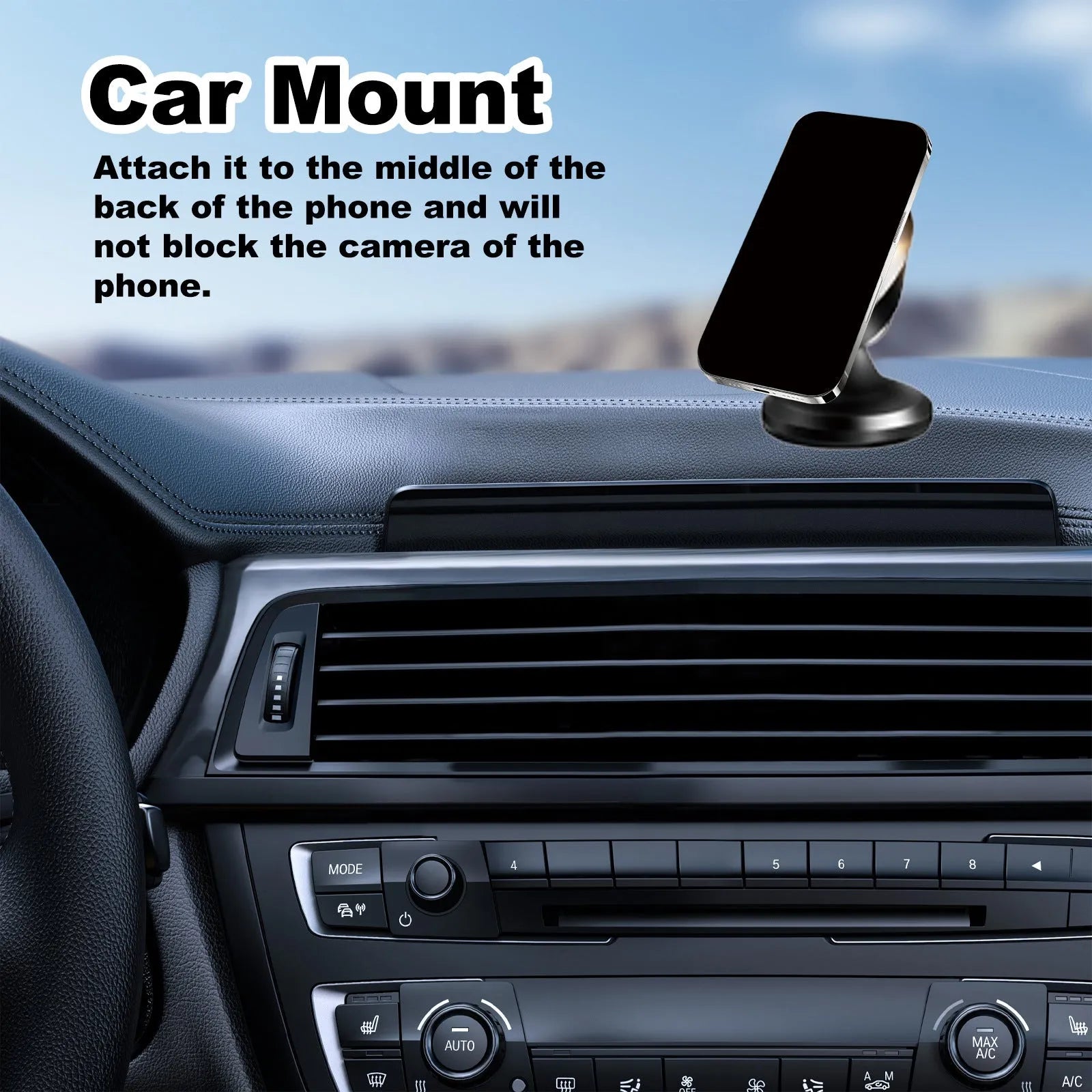 Magnetic car foldable phone holder in black ABS with dimensions 3.2x3.5cm on a car dashboard