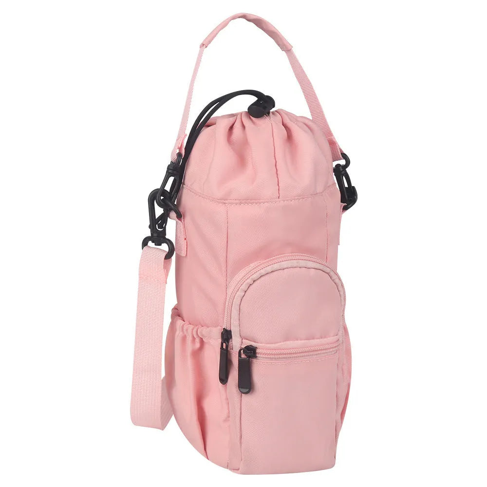 Cloth crossbody water bottle pouch in black, green, or pink colour options