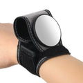 Black bicycle rear-view mirror mounted on an adjustable nylon wrist strap for cycling.