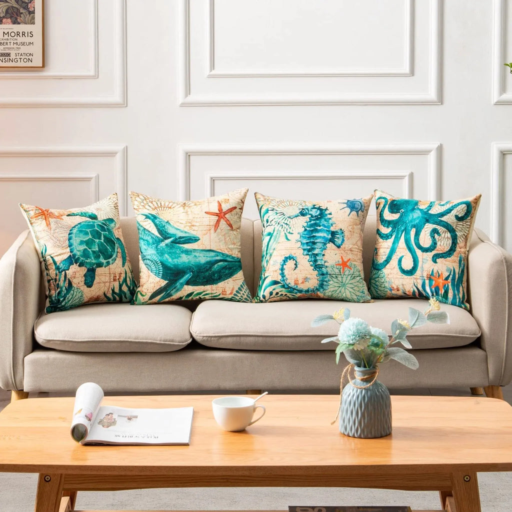 Linen cushion cover sea turtle printed pattern 45x45cm with invisible zipper