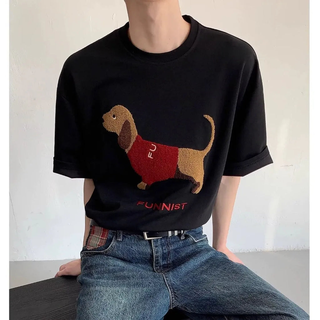Men's grey cotton t-shirt with embroidered sausage dog and towel design showing round neck and short sleeves
