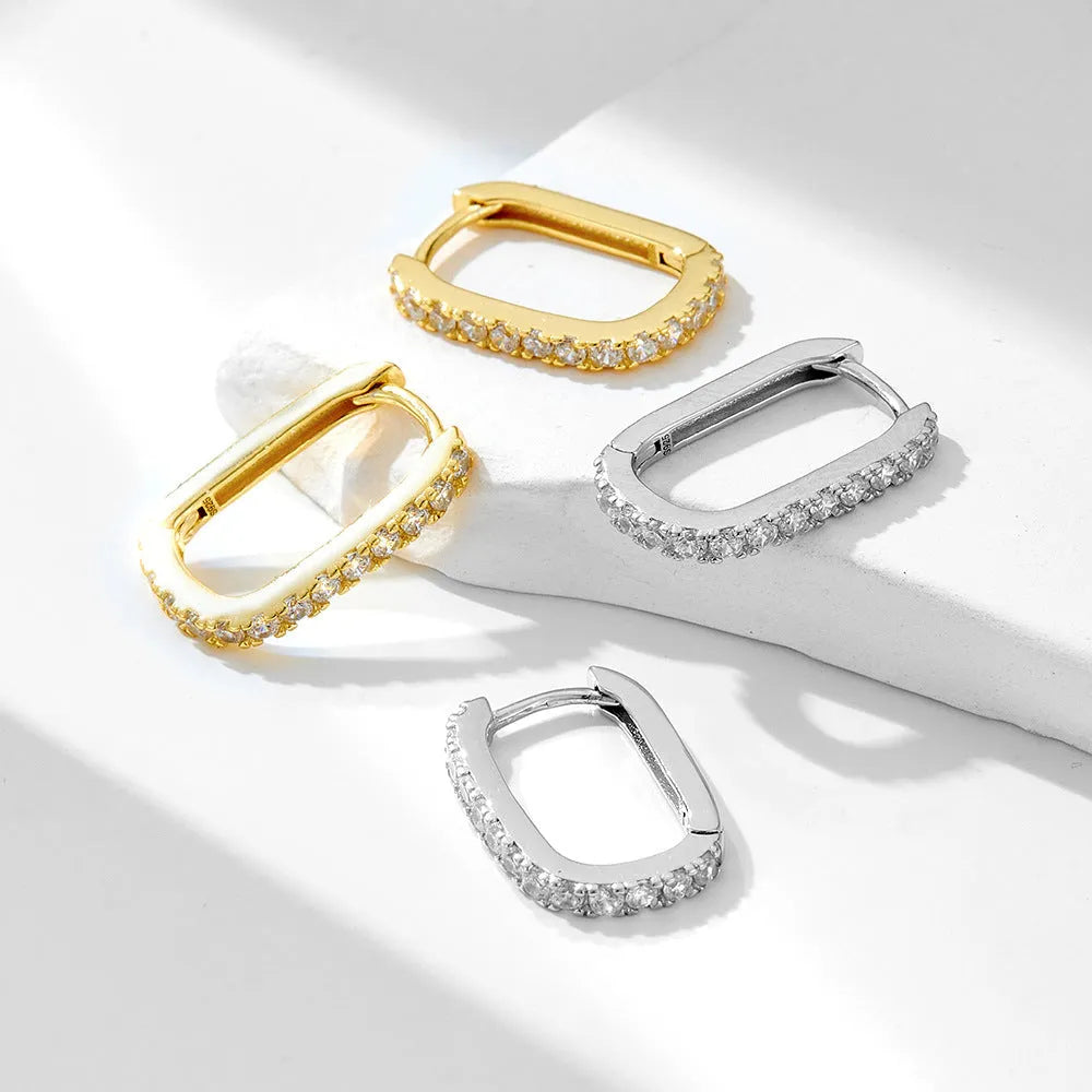 S925 sterling silver oval zircon ear clip earrings in geometric design