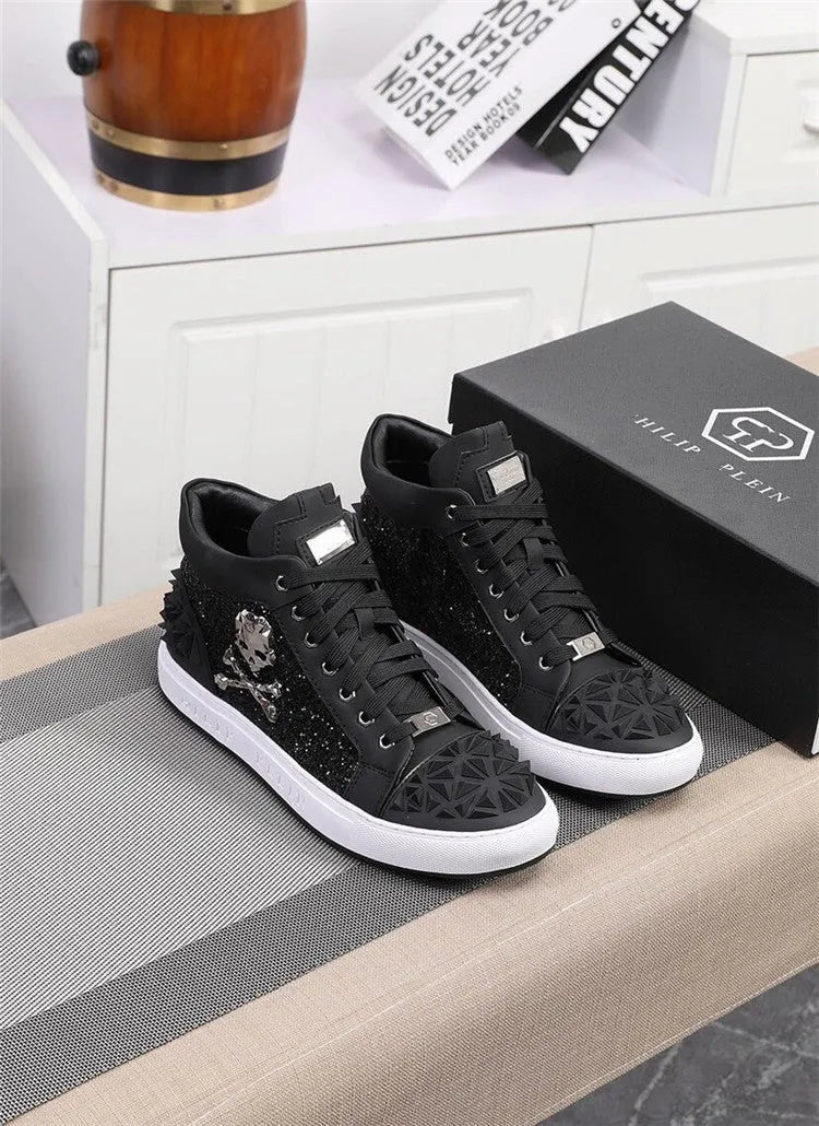 Men's black leather skeleton high-top shoes with lace-up front and rubber sole.