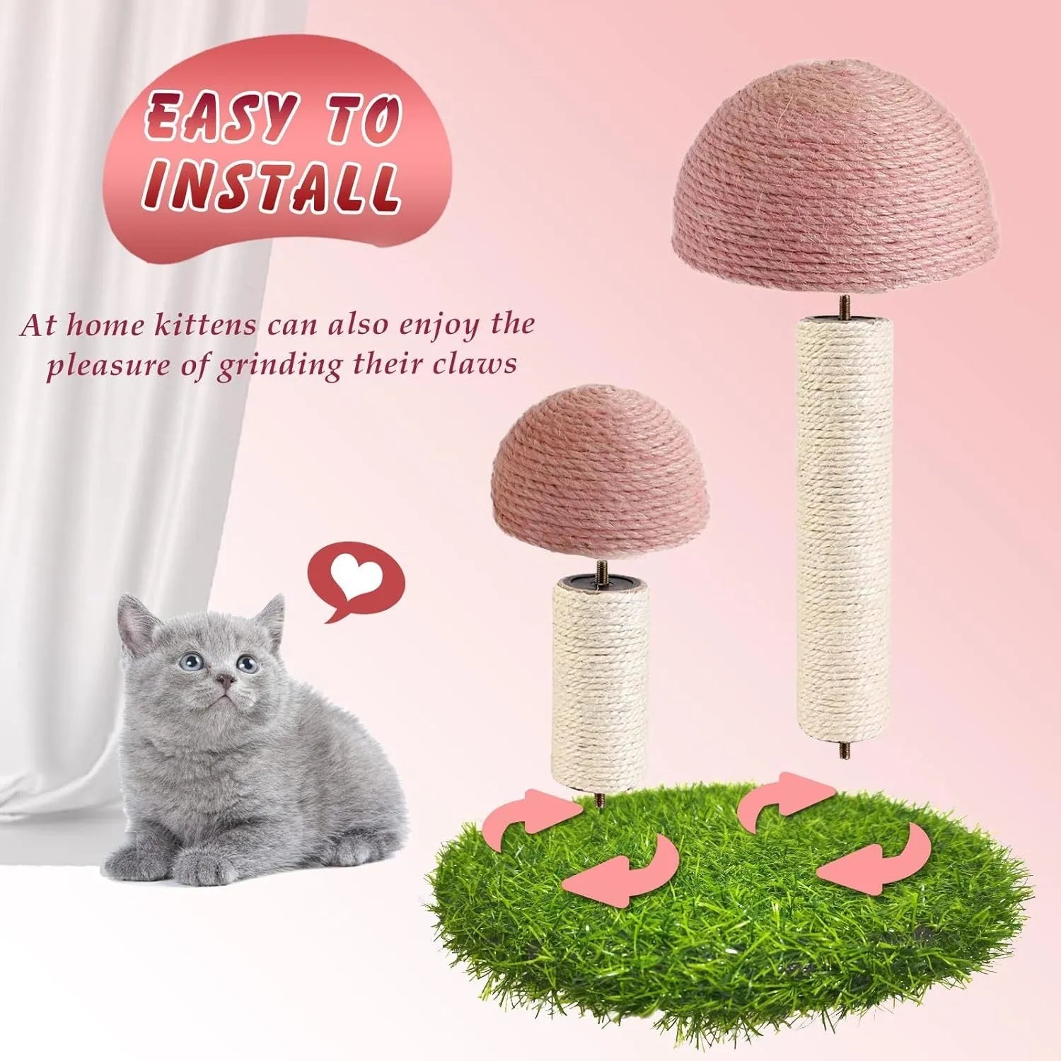 Pink mushroom-shaped cat scratching post with natural sisal caps and pole on a sturdy base.
