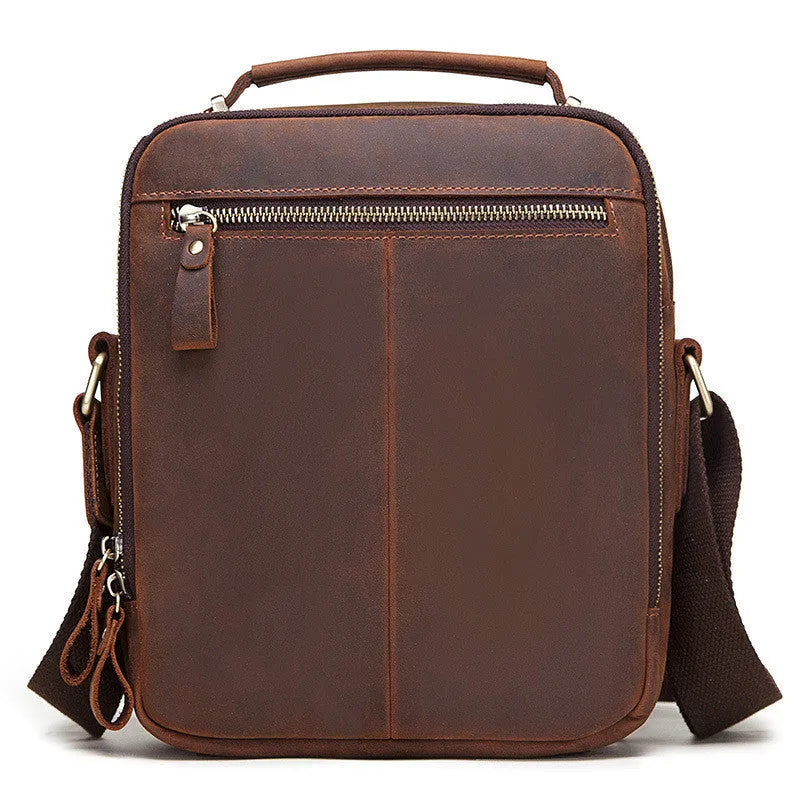 Men's brown leather crossbody bag with single-shoulder design and sewing line detailing