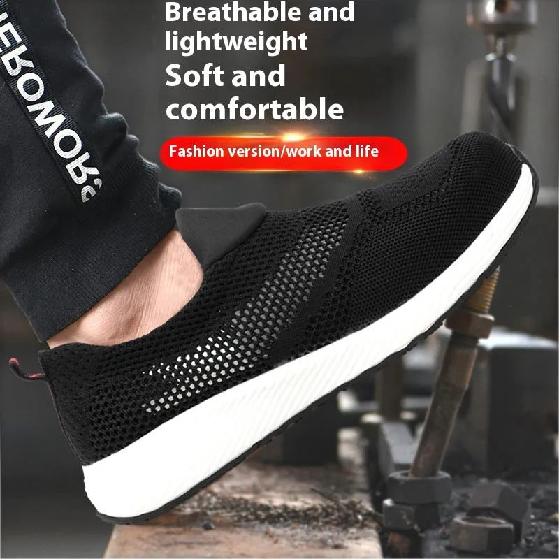 Men's lightweight mesh steel toe safety work shoes in black, shown from the side.
