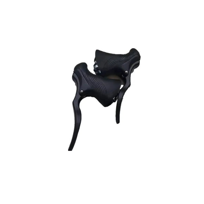 Pair of aluminium alloy road bike brake handles in black silver finish, showing clamp for handlebar.