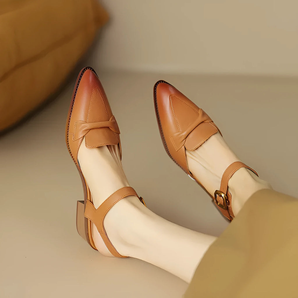 Women's bowknot pointed toe sandals in cowhide leather, available in brown