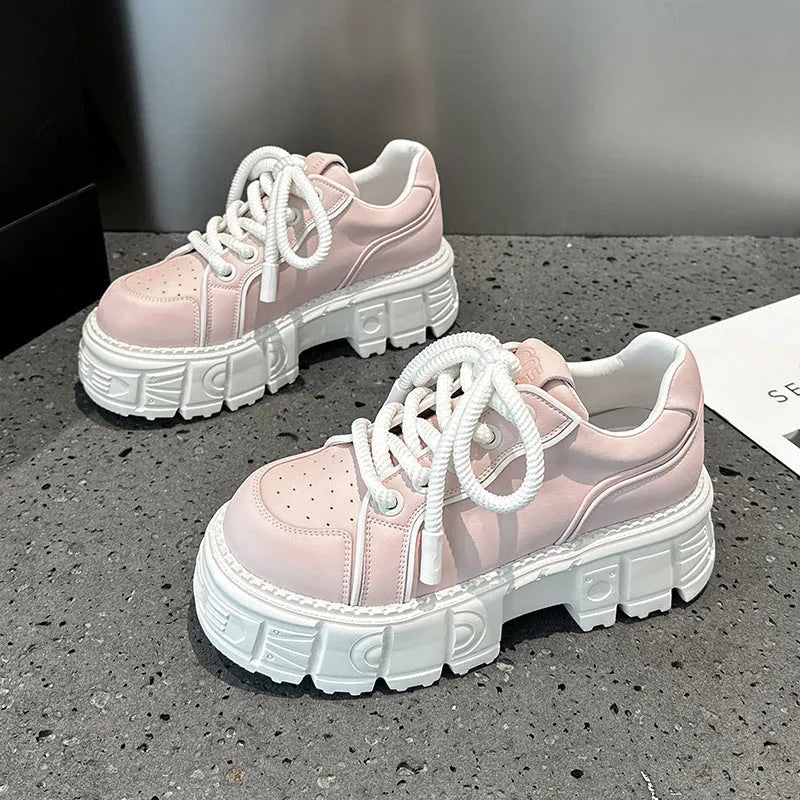 Spring muffin bottom leather casual shoes in beige or pink with height increasing design and rubber foam soles