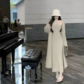 Women's knitted cardigan and long skirt dress two-piece suit in grey with flocking detail